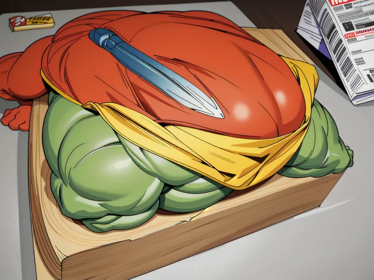 Reviewer exhibits a cutting board filled with raw beef, chicken, cheese, and fruit slices. Display of assorted food items: beef, chicken, cheese, and fruit on a cutting board, as examined by the reviewer.