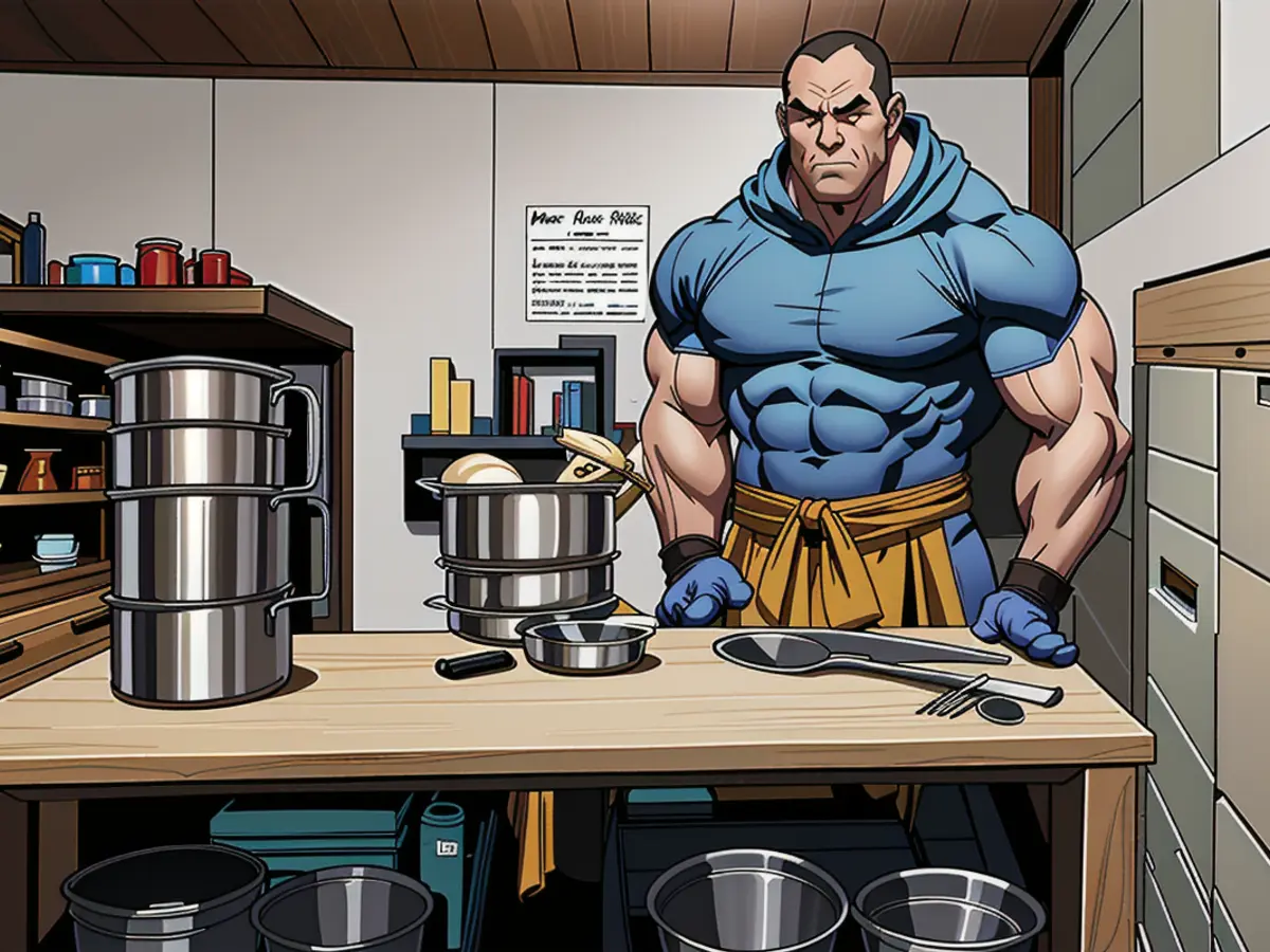 Images reveal meticulously arranged lids for pots and pans inside a bakeware storage area. Organized bakeware rack shown in reviewer's photograph, displaying pots and pans arranged neatly by lids.