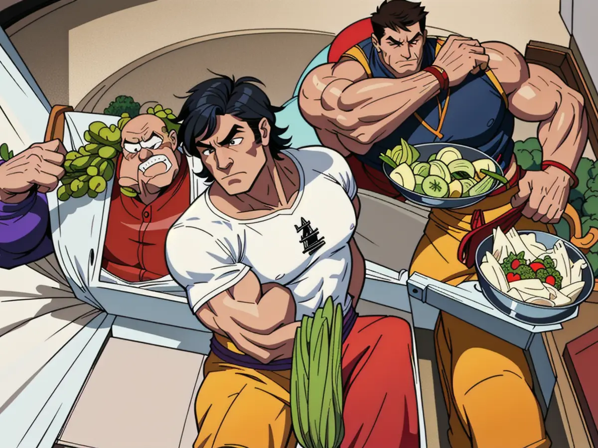 Containers Amounting Vegetables, Fruits, and Chicken Salad Each Are Assessed by a Reviewer Five compartments, brimming with assorted vegetables, fruits, and chicken salad, are inspected by the reviewer.