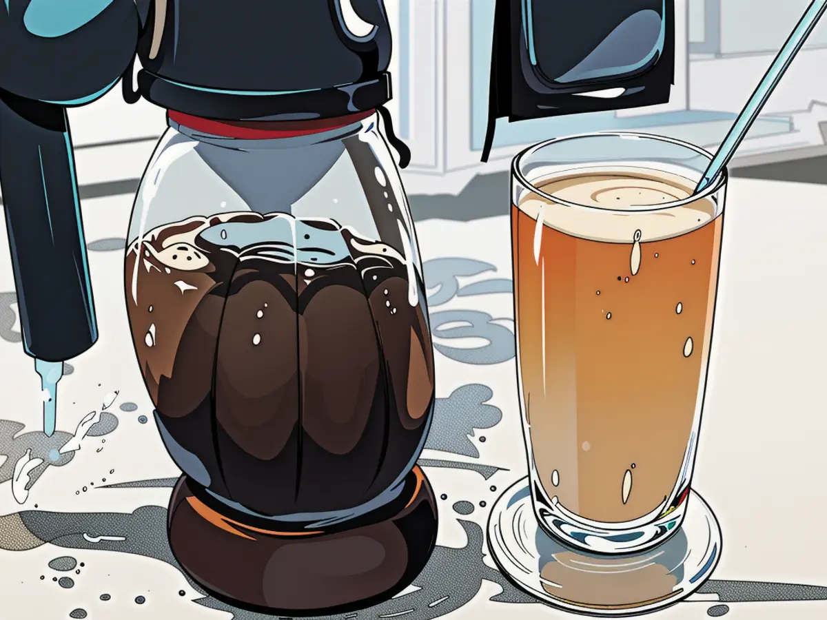 A critic displays a complete cold brew coffee maker alongside a beverage of chilled coffee. Reviewer exhibits a complete cold brew coffee maker alongside a glass of iced coffee brew.