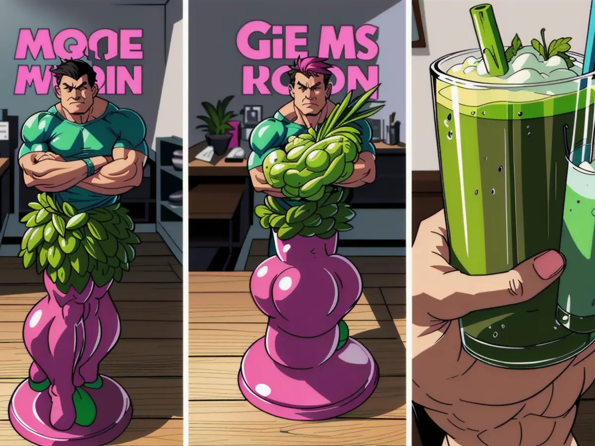 Three images featuring a user testing a miniature pink blender with kale: one picture displays raw kale, another shows kale being blended, and the last depicts the reviewer holding the resulting green juice. Photos of three reviewers with greens in a pink mini blender: The initial image showcases unprocessed greens, the second depicts the greens mid-processing, and the final snapshot captures the reviewer holding the prepared green juice.