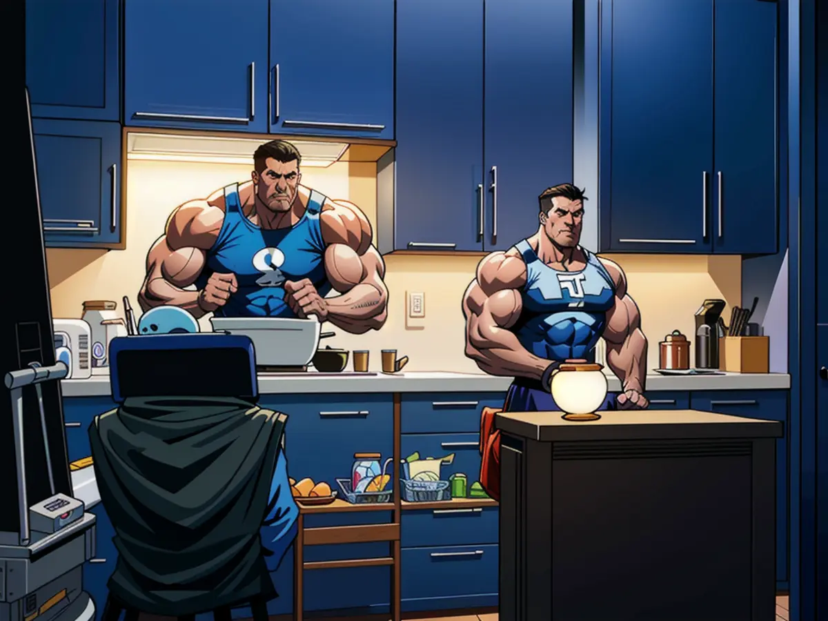 Illuminated kitchen upper cabinets in a cool blue hue, contrasting with a subtler, neutral tone below the cabinets. Kitchen illuminated: Upper cabinet area bathed in blue, lower cabinet area maintained in a neutral tone.