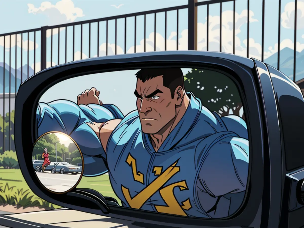 Adhesive compact mirror affixes to driver's side mirror.