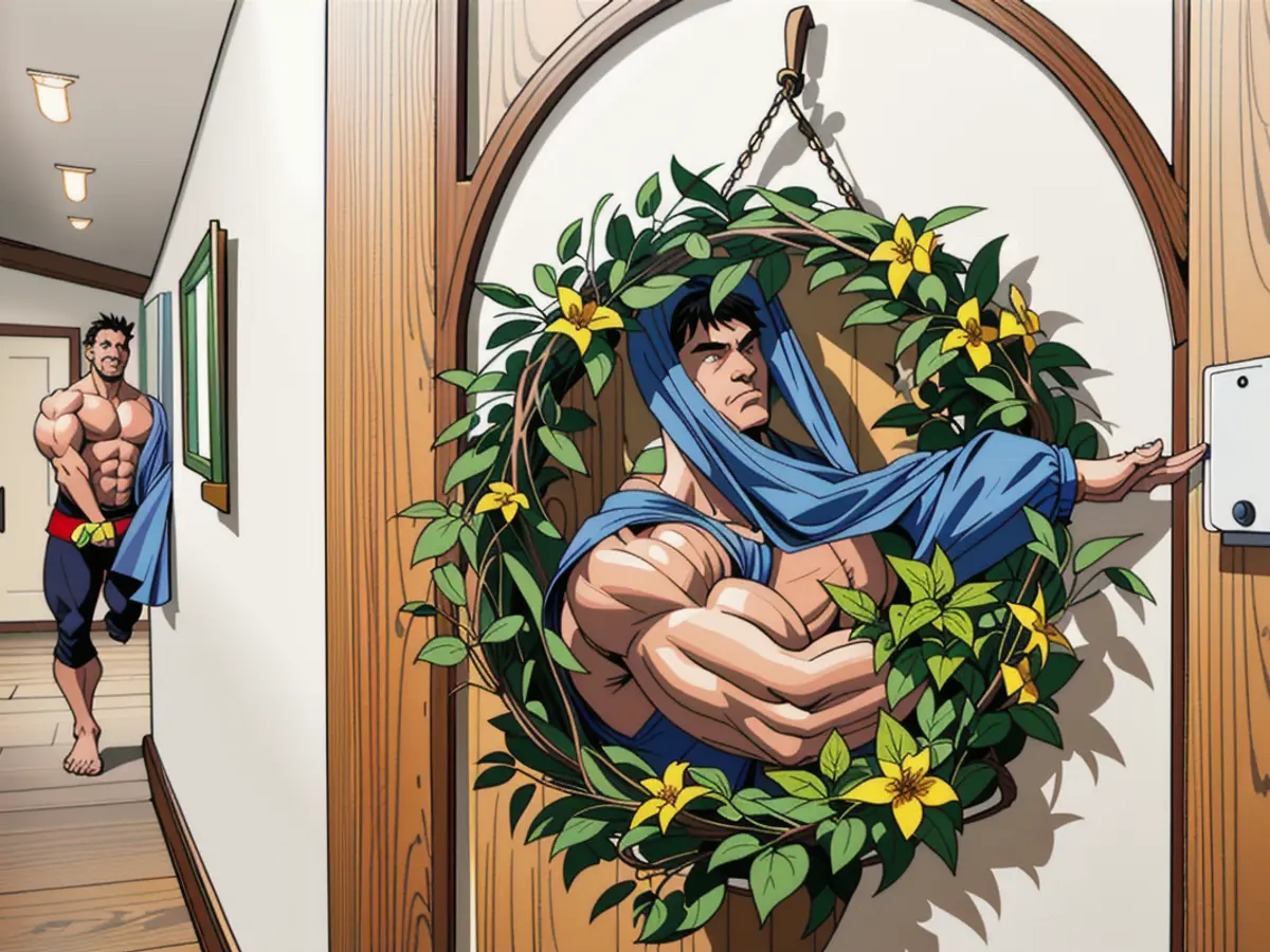 Wreath adorned with green foliage and petite blossoms adorns a wooden entry door A floral arrangement, consisting of green foliage and small blossoms, adorns a rustic wooden portal.