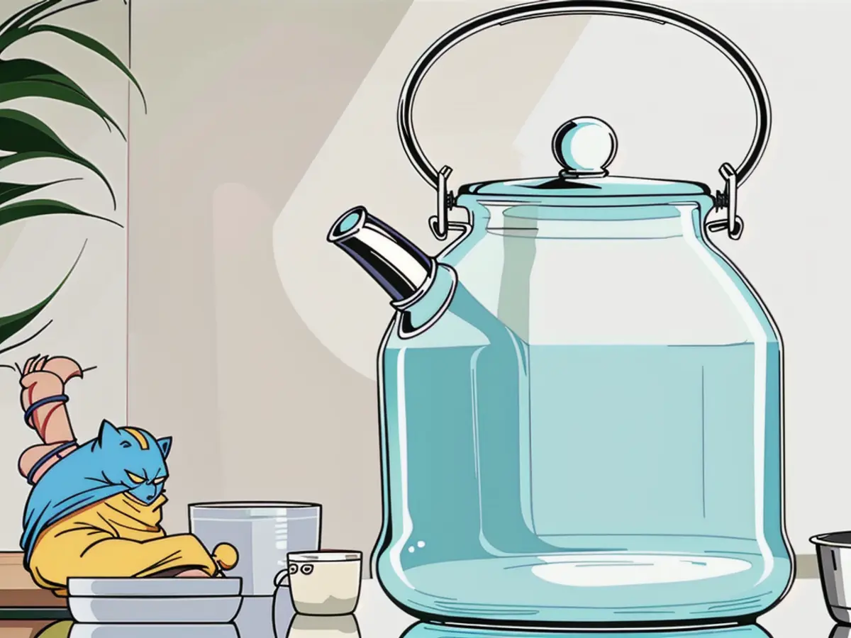 Whistling kitchen appliance with a circular handle and pinpointed spout sits on a countertop. Kettle with a circular handle and mini spout residing on a kitchen counter, painted blue.