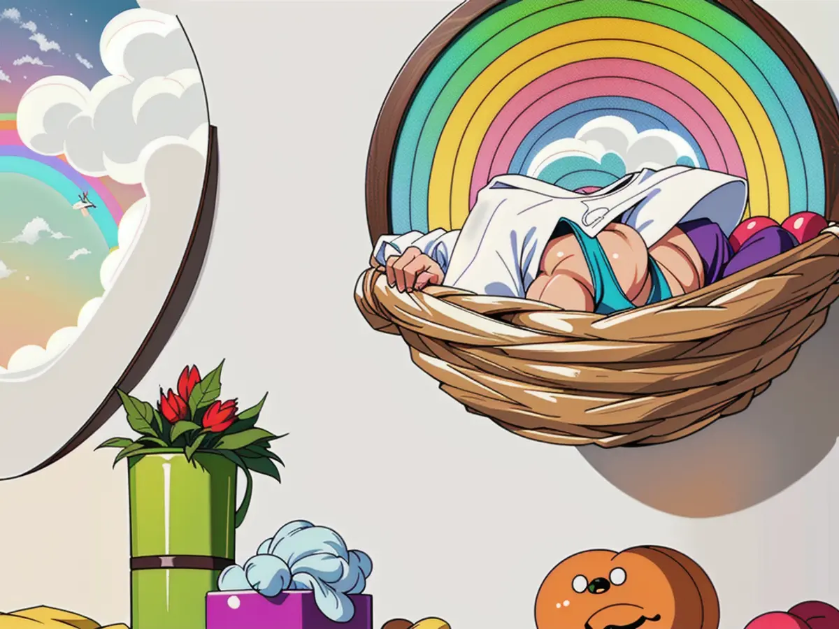 A multi-hued basket suspended on a wall, adorned by an arching rainbow artwork. Colorful wall-mounted storage basket adorned with a rainbow image hung vertically.