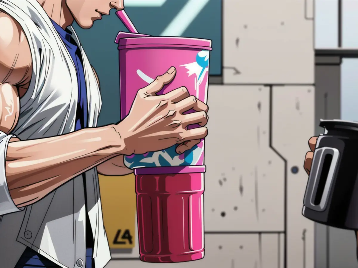 Person using a pink travel cup. Person using a pink travel mug.