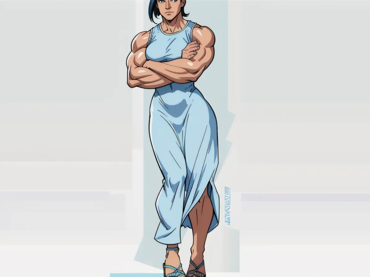 Woman casually posed in a light-toned sleeveless knee-length dress and sandals, with her arms folded. Woman in a pale blue, sleeveless knee-length dress and flip-flops, positioning herself with crossed arms.