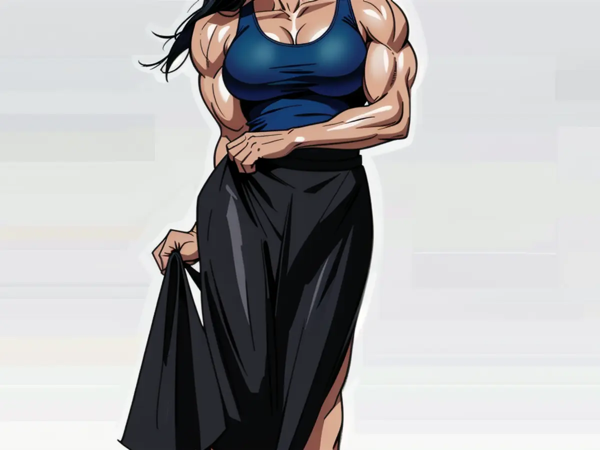 Model gracefully showcasing a sleeveless top and a slit skirt in a shopping feature snapshot Model showcasing a sleeveless top and split skirt, striking a pose for a shopping feature photo.