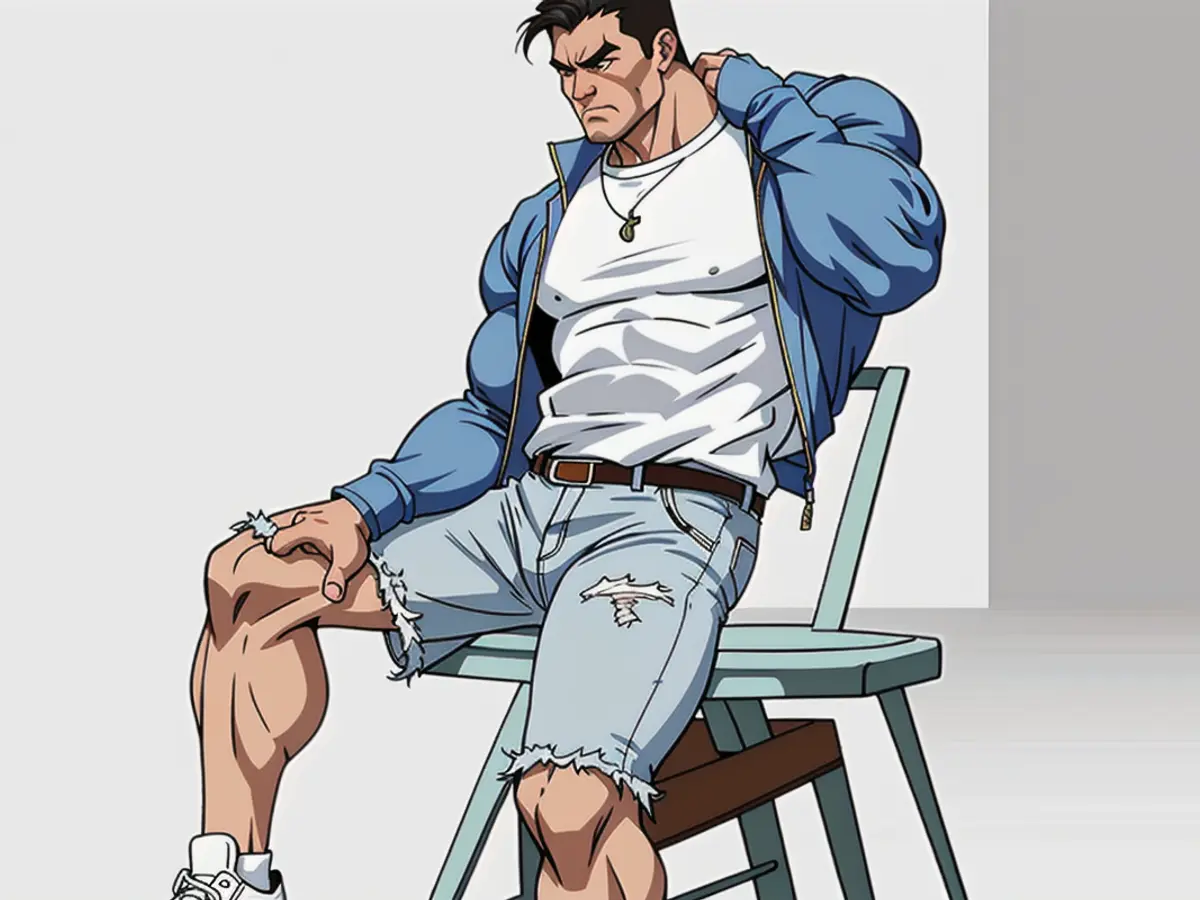 Individual positioned in a chair,clad in a denim coat, white blouse, grey miniskirt, and white sneakers. Model positioned in a chair, adorned in denim jacket, white blouse, grey scanty, and white sneakers.