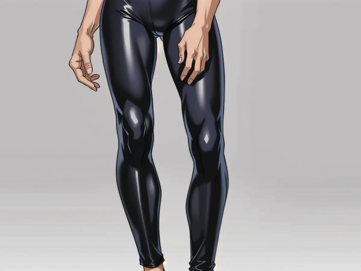 Counterfeit leather trousers, styled like leggings. Counterfeit leather leggings in pair.