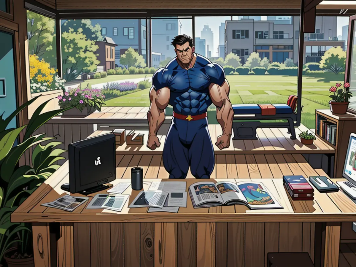Comfortable home office design, featuring a wooden desktop hosting a computer, adorned with greenery, and offering a scenic backyard vista. Comfortable home office environment, featuring a desktop computer atop a wooden desk, adorned with greenery and overlooking a garden view.