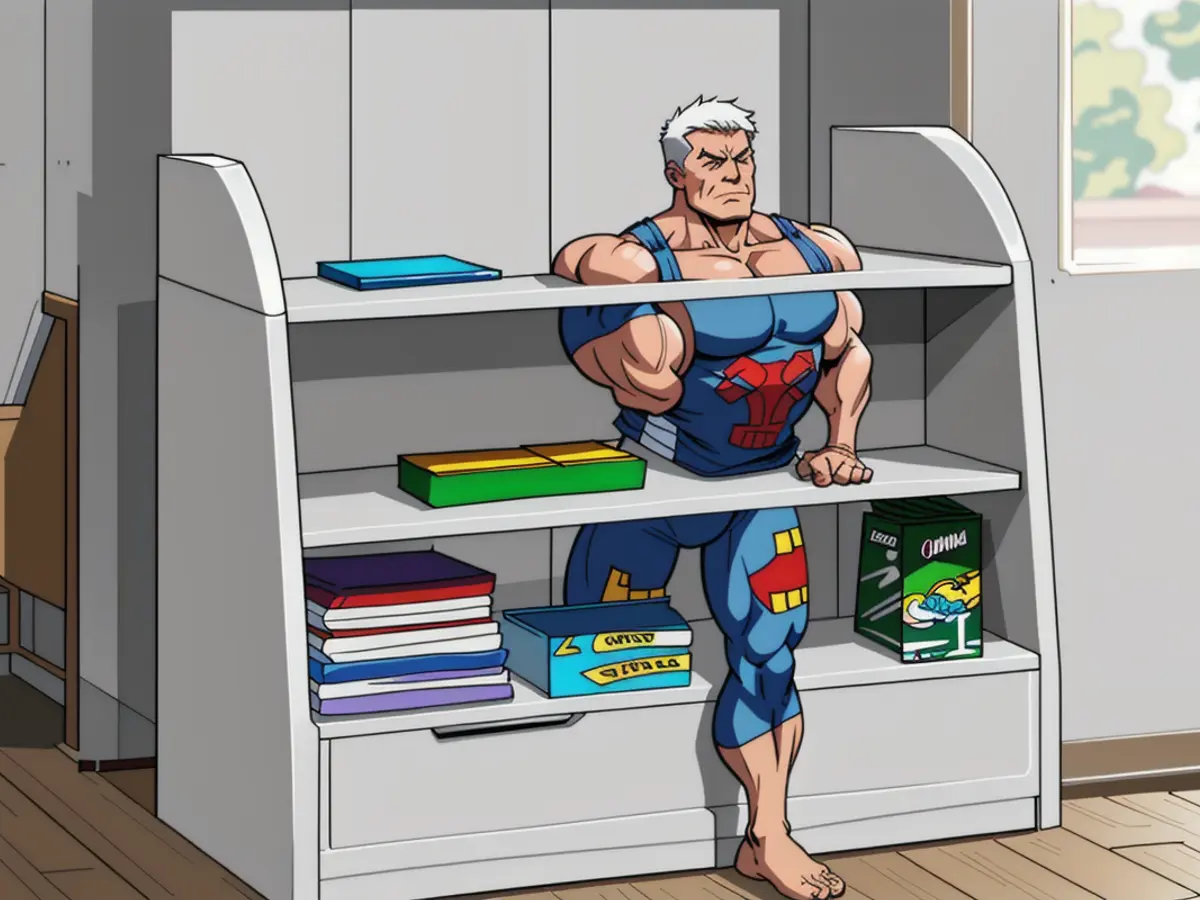 Shelves in white hue, sporting storage bins within. Shelves adorned with white containers