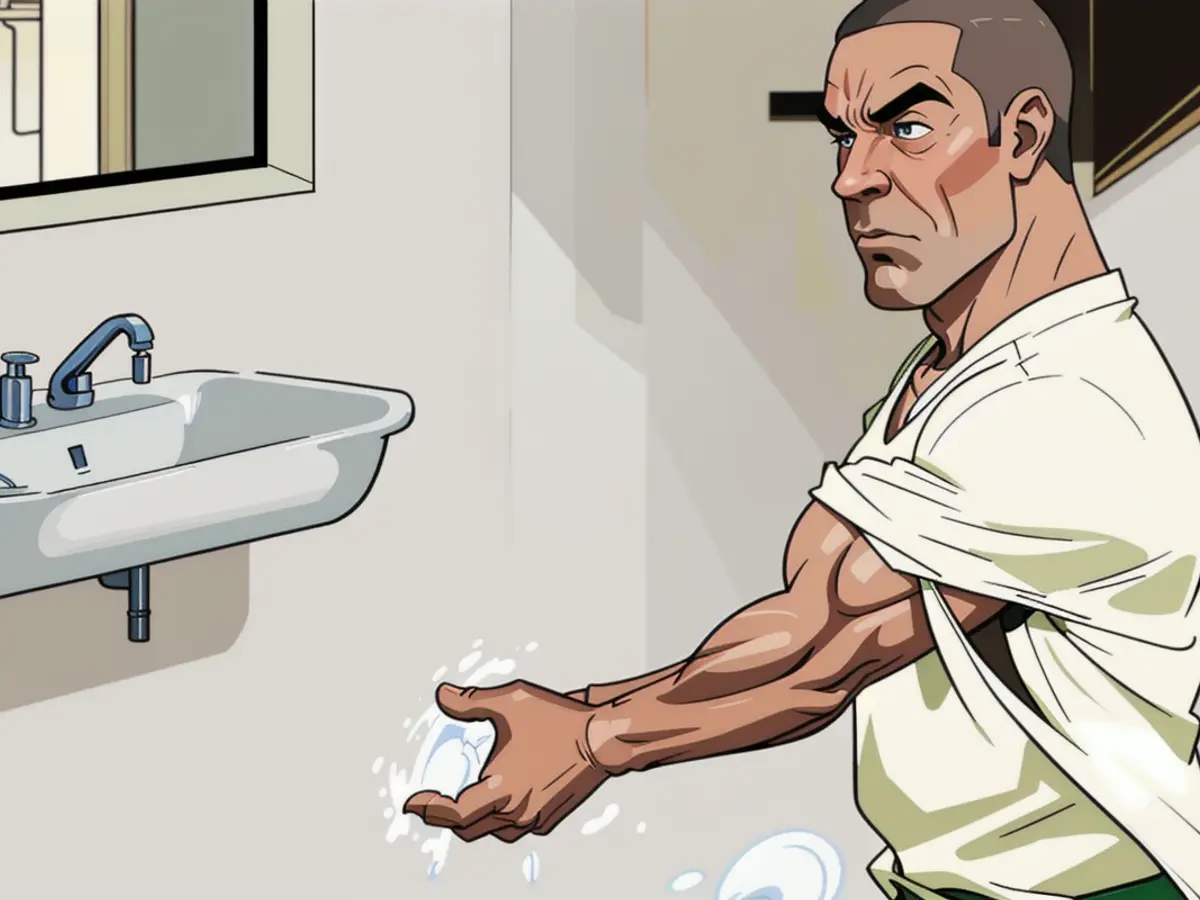 Kid washing hands at sink, water splashing near them as it flows. Kid scrubbing hands under running water in sink, waterstream approaching youngster closely.