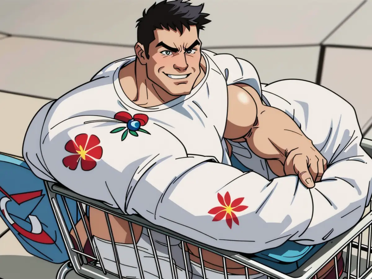 Affable toddler perched in a grocery cart, adorned with a floral-embossed cushion for added comfort Content: Toddler Grins Whilst Sitting in a Grocery Cart With a Floral-Filled Padding for Comfort Enhancement