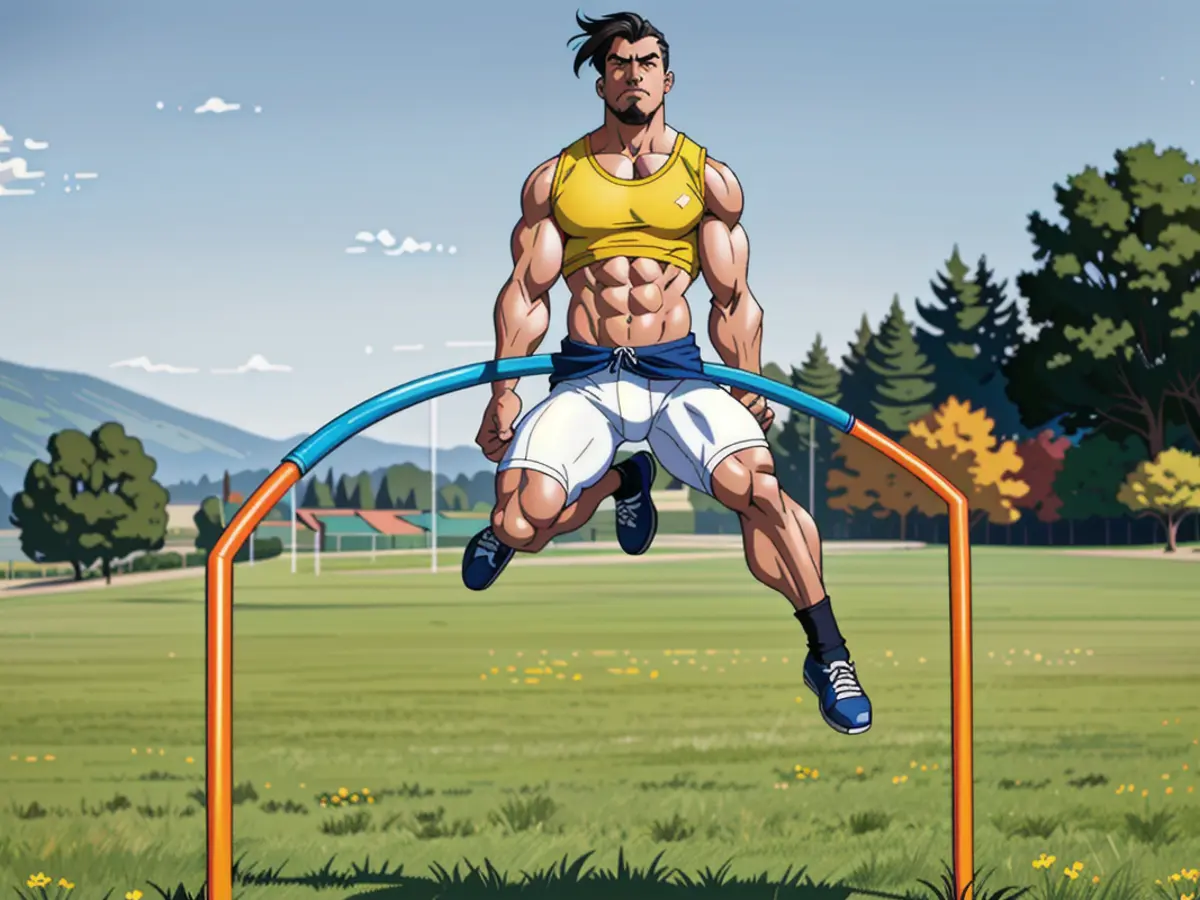 Child engages in trampolining in a lush, sun-drenched lawn, utilizing a handlebar for support. Child plays on an outdoor trampoline, with a handlebar, amidst a verdant, sun-kissed lawn.