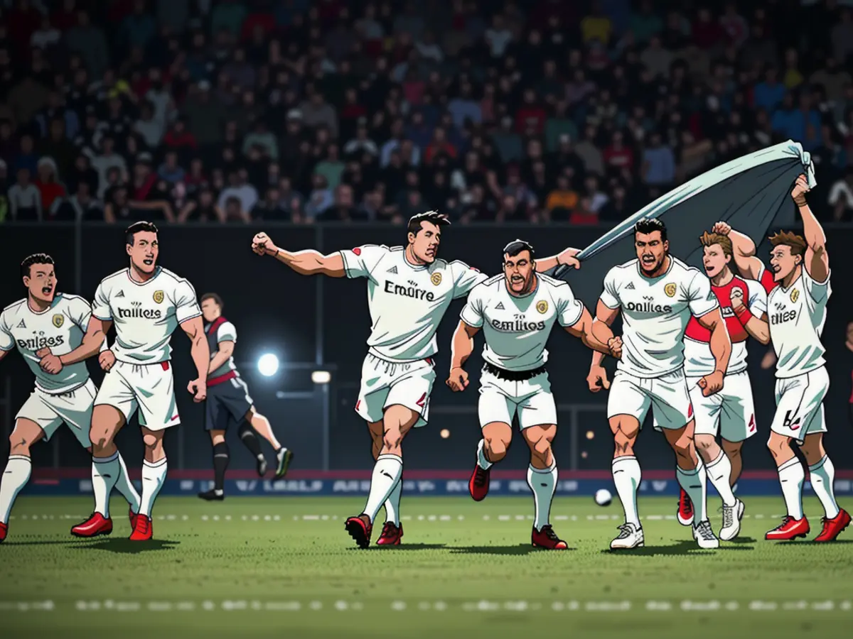 Madrid's football players erupt in joy post-penalty shootout victory. Madrid's Soccer Stars Erupt in Jubilation Post-Penalty Shootout Victory