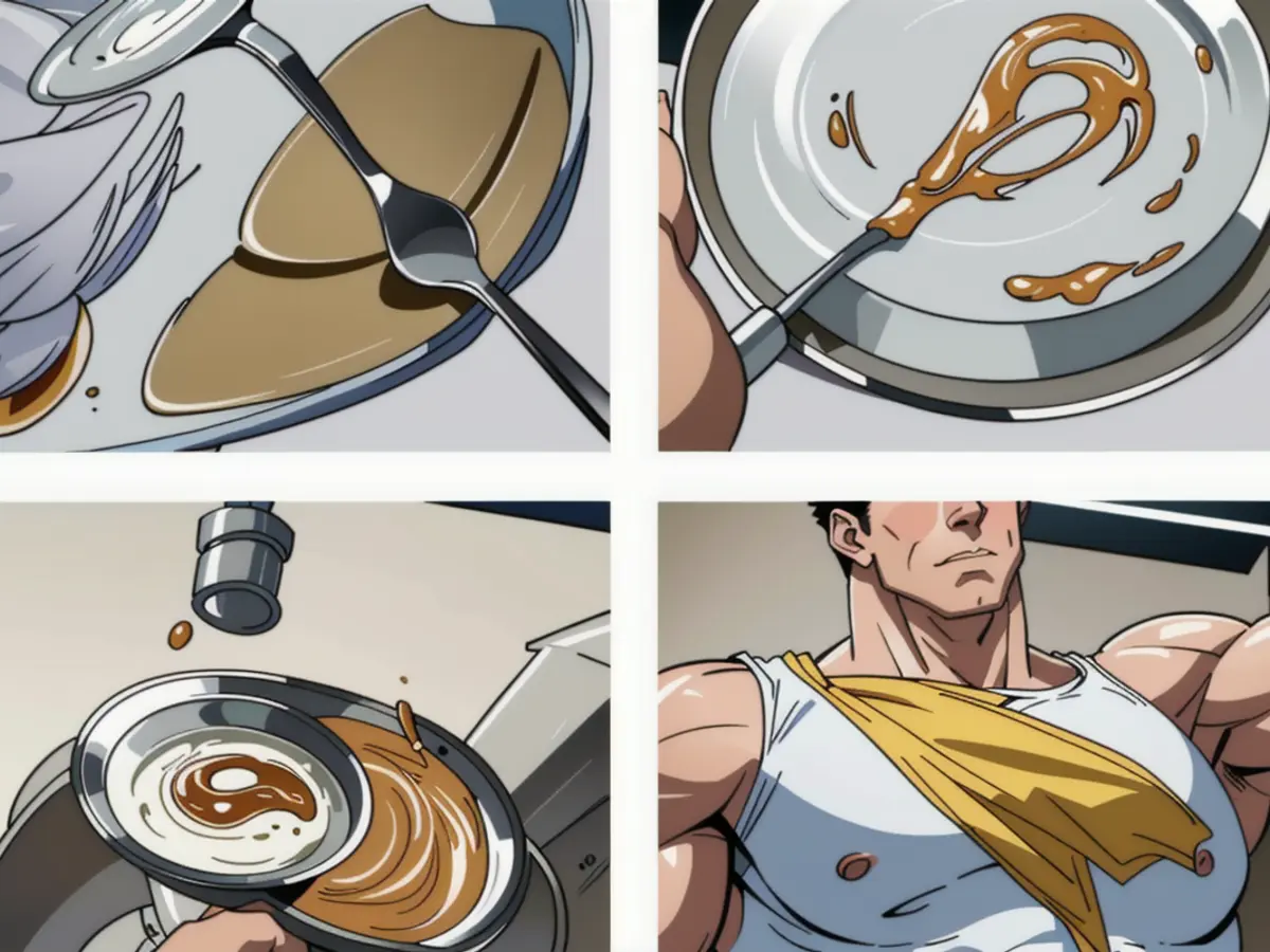 Stained and scratched white plate and steel saucepan transformed into a gleaming, spotless pair of cookware. Stainless steel saucepan and white plate, previously showing signs of wear, now gleaming brightly and showing no signs of damage.