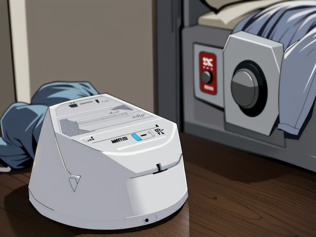 White noise machine with hexagonal shape and white color, located on a nightstand. Features include a power button, two volume controls, and three options for sound selection. White noise machine, a compact, hexagonal, and white device, positioned on a nightstand. Equipped with a power button, two volume controls, and three buttons for sound selection.