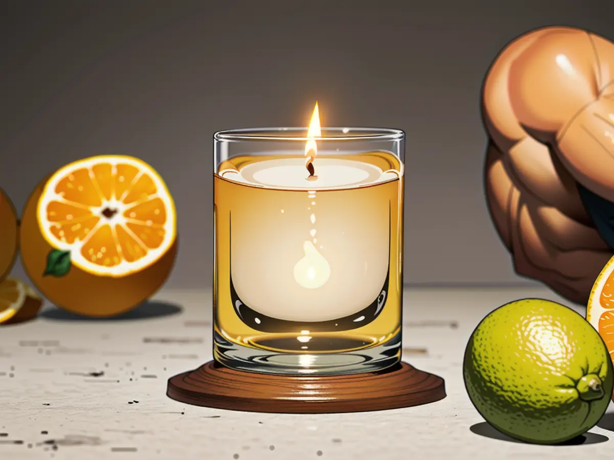 A burning candle, fragrant with a refreshing citrus aroma. Glowing candle emitting a zesty citrus aroma