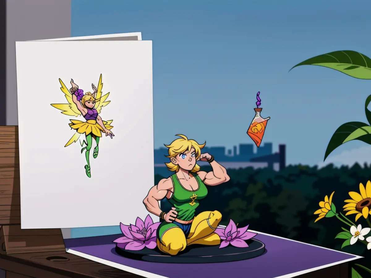 Pop-up card depicting Tinker Bell perched on a purple blooming flower within its frames. Inside illumination, a miniature Tinker Bell perched atop a vibrant purple pop-up blossom.