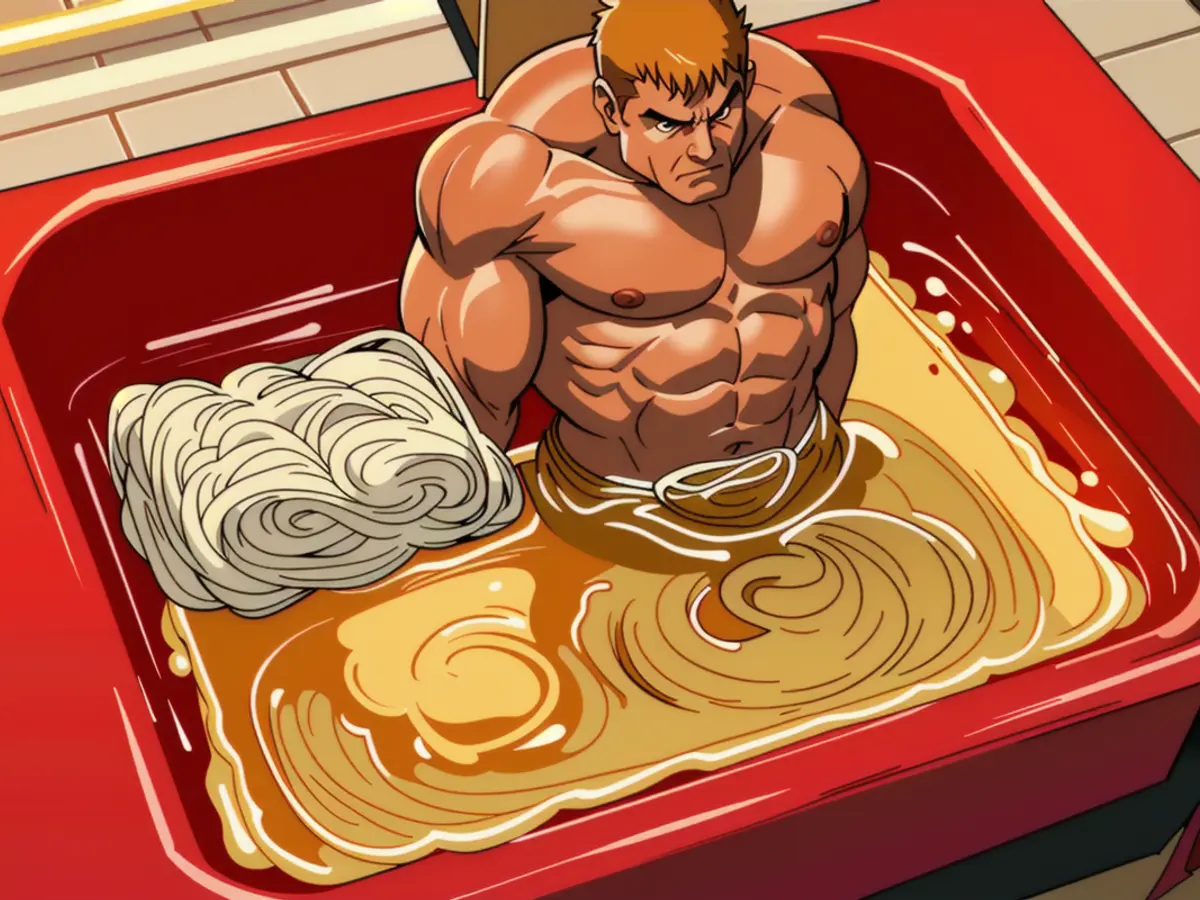 Cooked ramen sitting in a square, crimson cooking pot, ready for consumption Cooked ramen in a square, red cooking appliance, now ready to be consumed