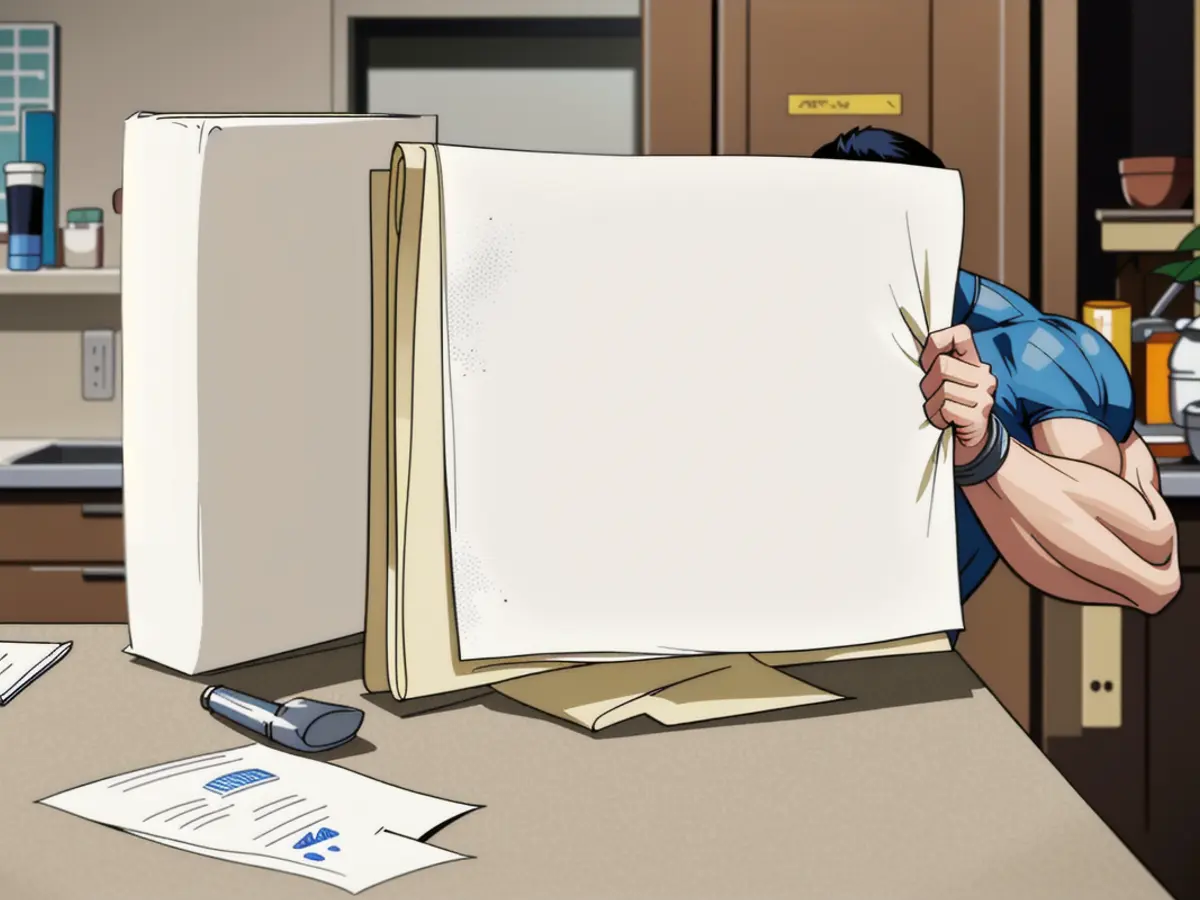 A single, expansive roll of robust, squared paper towel being yanked off by a human hand. Unrolls a lengthy, robust, block-shaped paper towel from its roll.