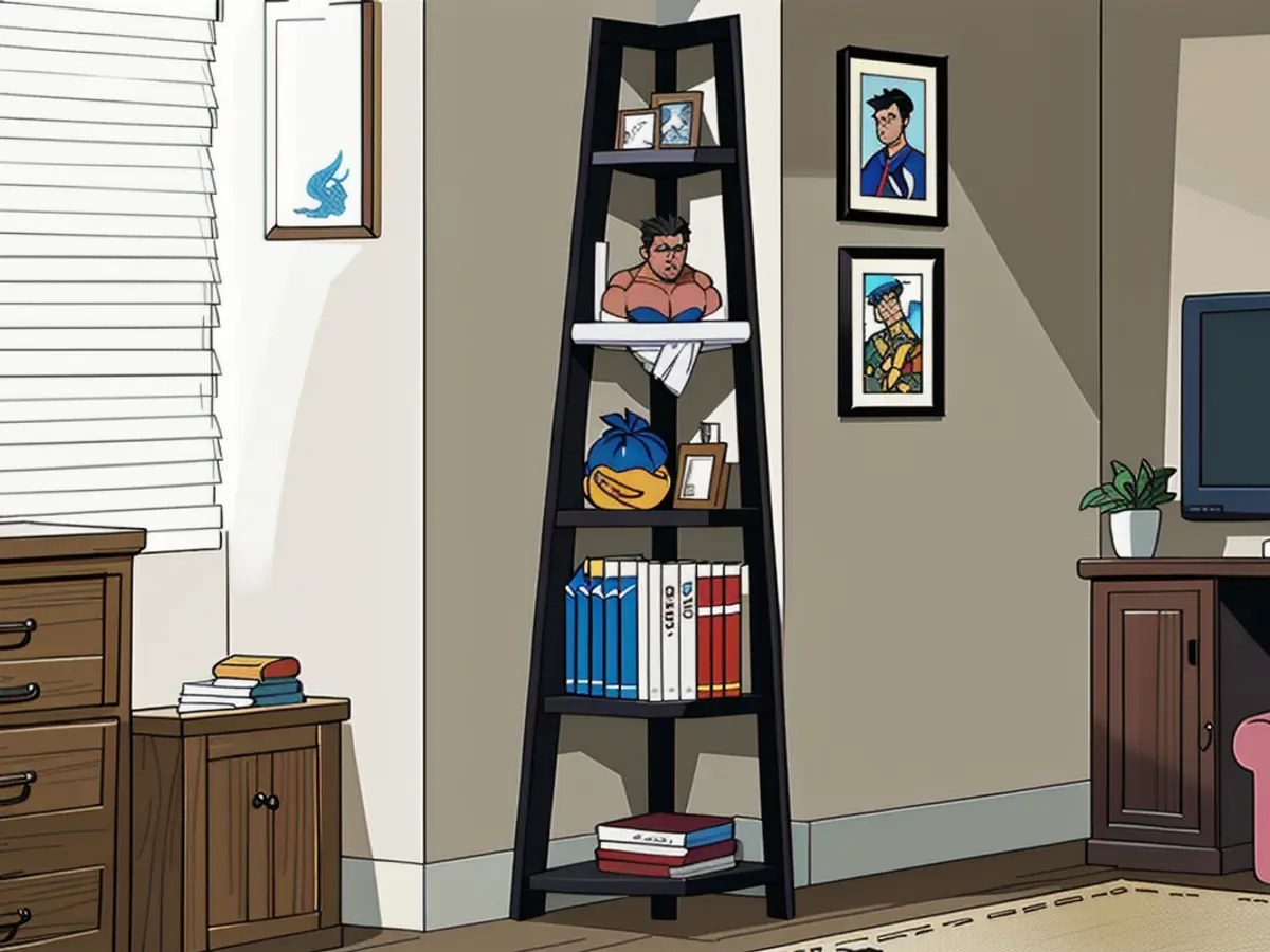 Compact corner shelf, featuring five tiers neatly fitted in a living room nook. Tiered corner shelf nestled snugly in a living room's corner, boasting five levels