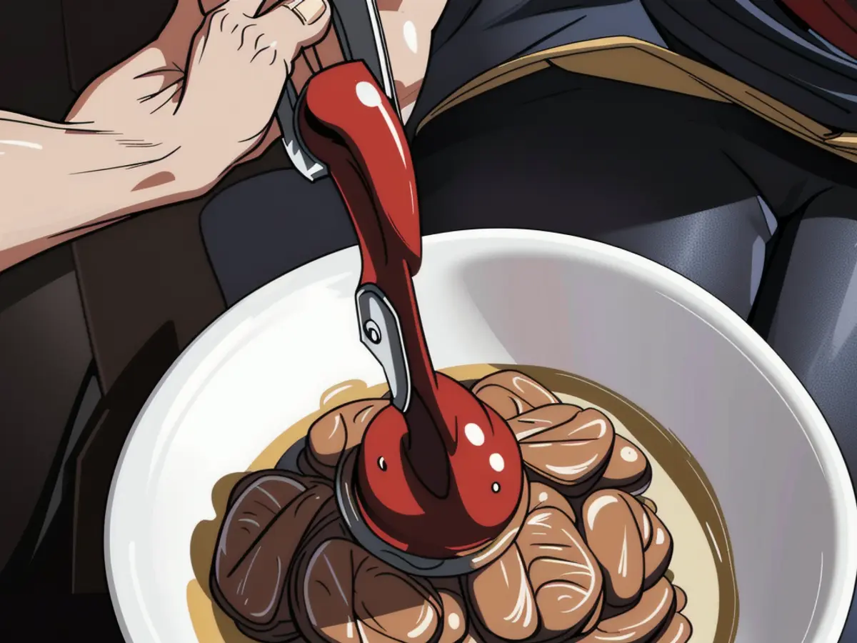 Individual utilizing red meat chopper to mince and blend ground beef within a bowl. Individual employing meat chopper tool to mince and combine raw ground beef in a bowl.