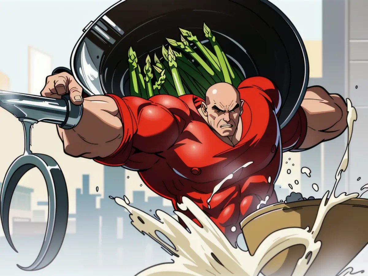 Person empties a pot of asparagus using a strainer, displaying the red strainer affixed to the pot. Individual draining water from an asparagus pot, using a red strainer attached to the cookware.