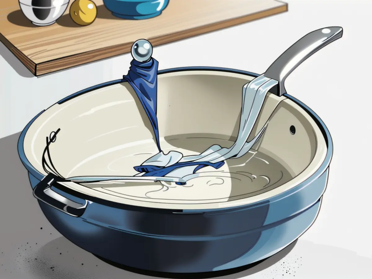 Countertop features a grey-blue pan with a cover Countertop features grey-blue pan with its lid resting upon it
