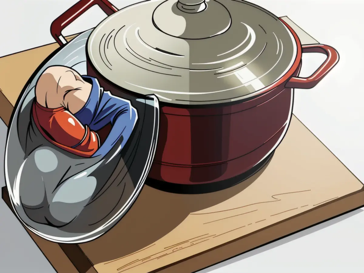 Dutch container with red exterior and glass lid, positioned near a pot on a cutting board. Dutch oven of crimson hue atop cutting board, glass cover alongside pot's side.