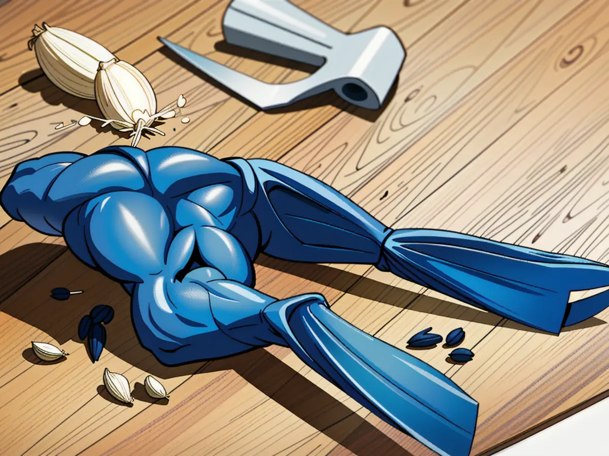 Garlic press in blue color located near chopped garlic on cutting board. Garlic press in blue color placed near garlic bulbs upon cutting board