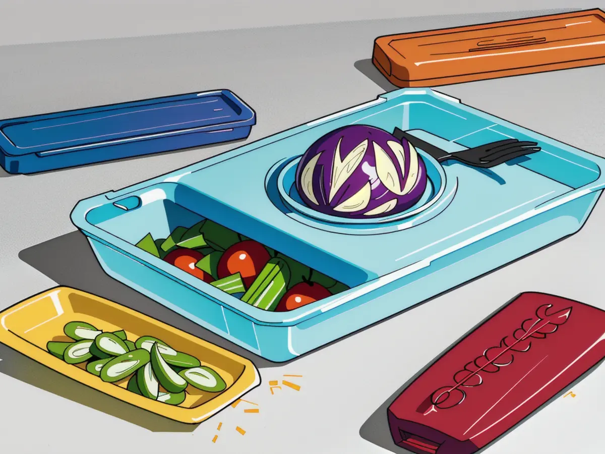 Prepared work area featuring a blue cutting board with a red onion being diced, adjacent to a yellow container holding chopped celery, while two additional containers stand empty nearby. Preparation area showcasing a blue cutting board with a red onion being diced, alongside a yellow prep container holding chopped celery, while two additional containers remain vacant.
