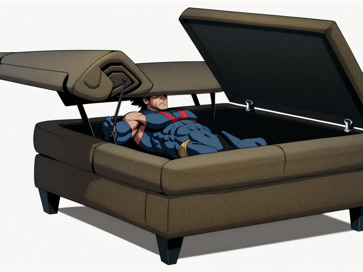 Lift-up storage ottoman, sports a gray, rectangular design, concealing its spacious interior. Lift-up storage ottoman, sporting a gray, rectangular design with concealed compartments.