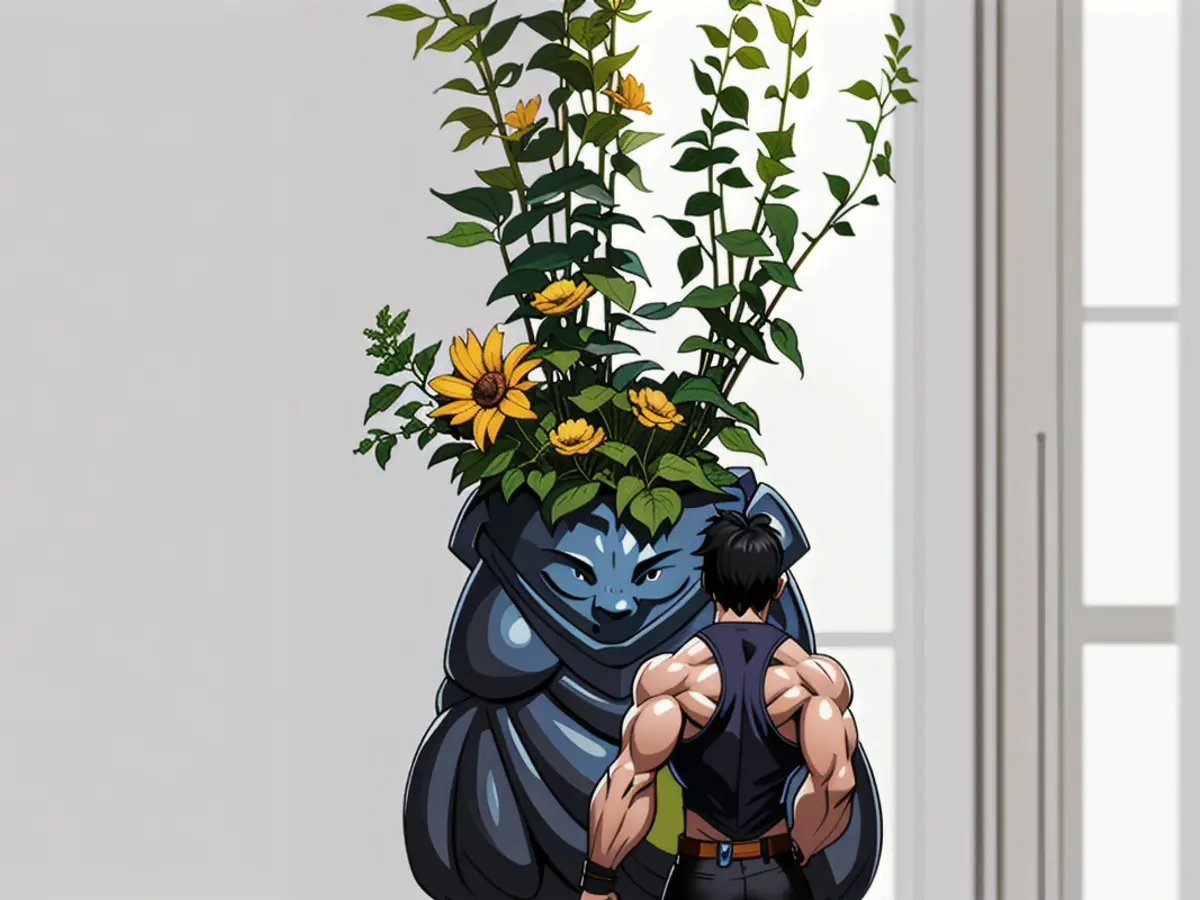 Vase modeled after a bottom, adorned in black Vase resembling a rear end, adorned with black flowers