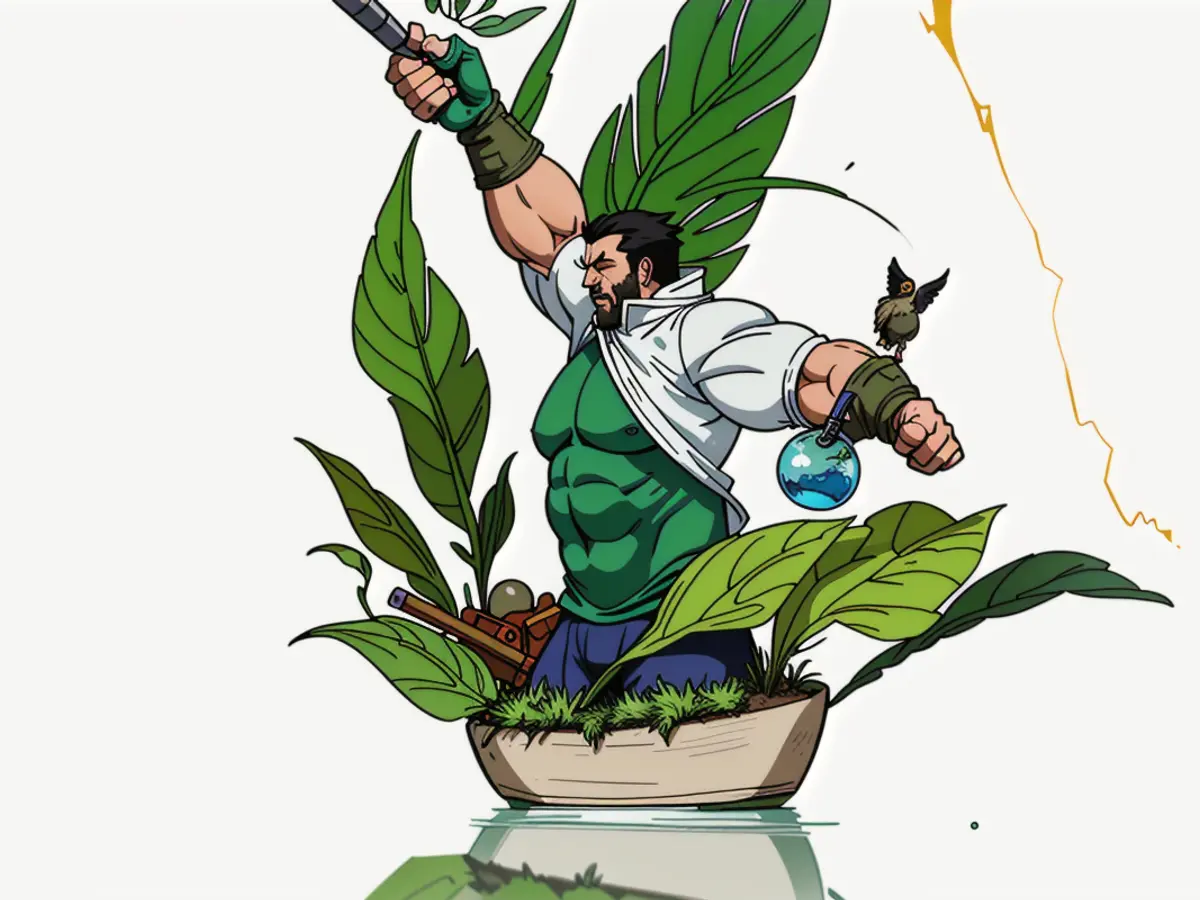 Globe-shaped bird figurine filled with water for watering plants Glass watering globe featuring a bird shape, placed among greenery