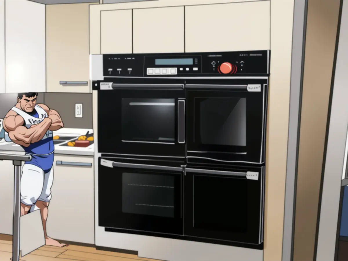 Image of black double ovens under scrutiny Image depicting two double ovens in a black shade