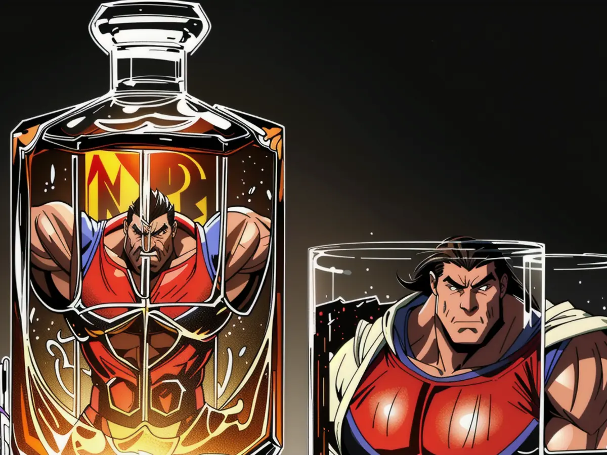 Decanter with crystal cut design, accompanied by two identical drinking glasses, all holding amber-tinted liquor. Decanter adorned with crystal detailing, accompanied by two identical drinking glasses, containing a dark liquid.