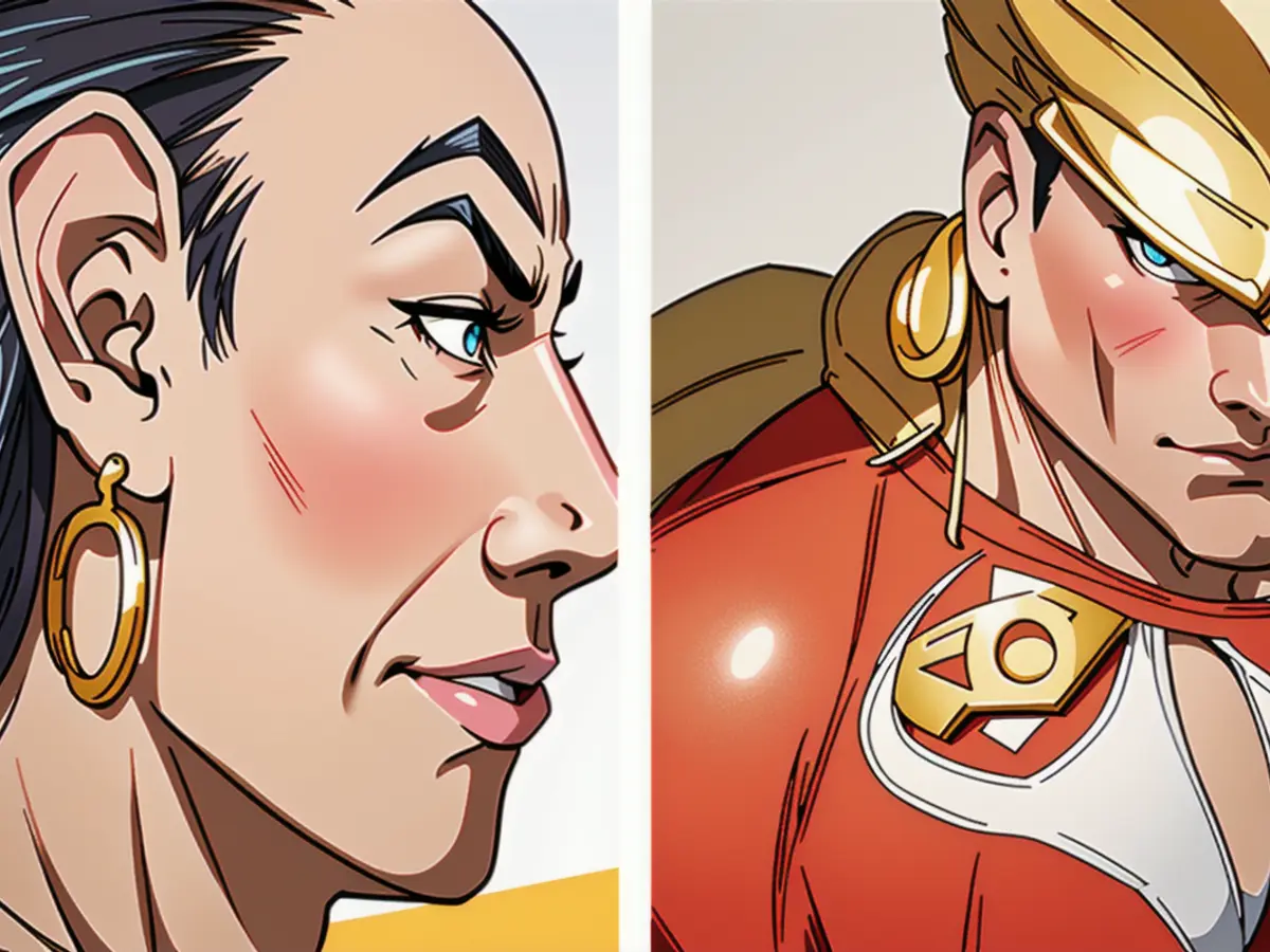 Models sporting earrings crafted as extended sketches of visages adorn their ears. Gold earrings modelled with intricate face outlines adorned by fashion forward individuals