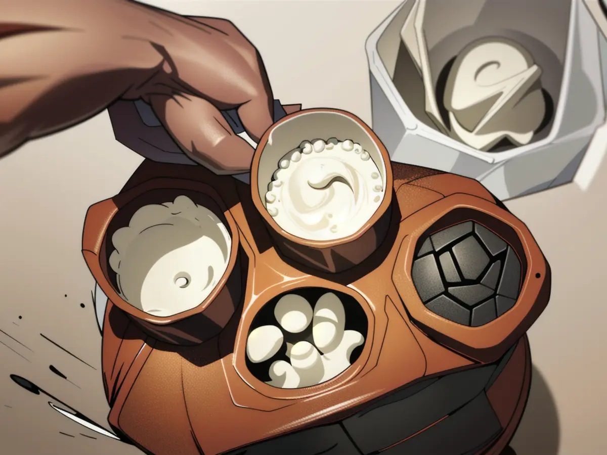 Containers in a hexagonal arrangement, each holding different powders, creams, and liquid substances. Containers with hexagonal shapes, holding diverse powders, creams, and liquids in each one.