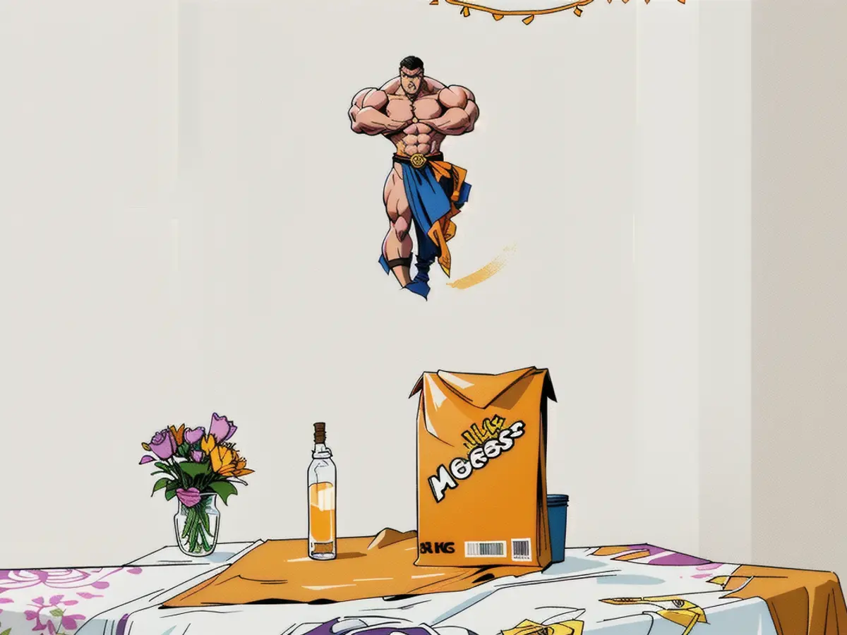 Table-top display featuring a repurposed orange juice carton serving as a vase, showcasing a modest arrangement of blossoms. Table adornment featuring a repurposed orange juice carton vase, holding a modest bouquet of flowers.