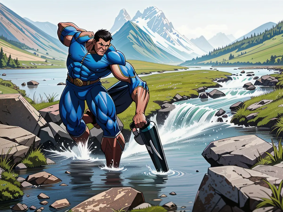 Person drawing water from a mountain stream for bottling. Person drawing water from a mountain stream to fill their bottle.