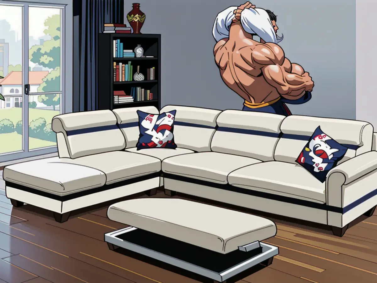 Spacious white sofa with black stripe motif and coordinating black ottoman for storage. Spacious white couch with black stripe pattern and coordinating storage ottoman in a large size