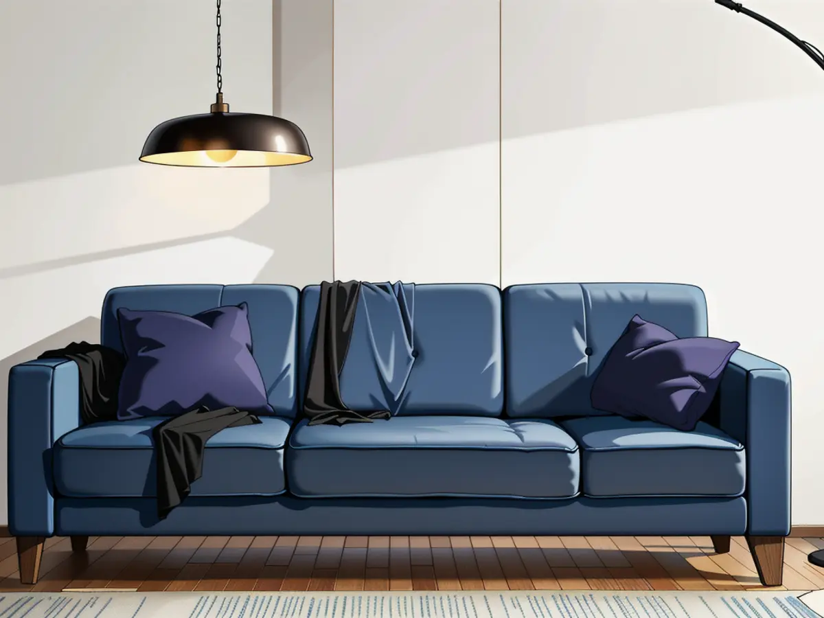 Comfortable three-seater blue sofa with a wooden base positioned near a floor lamp. Wooden-bottomed, three-seat blue couch situated beside a standing floor lamp