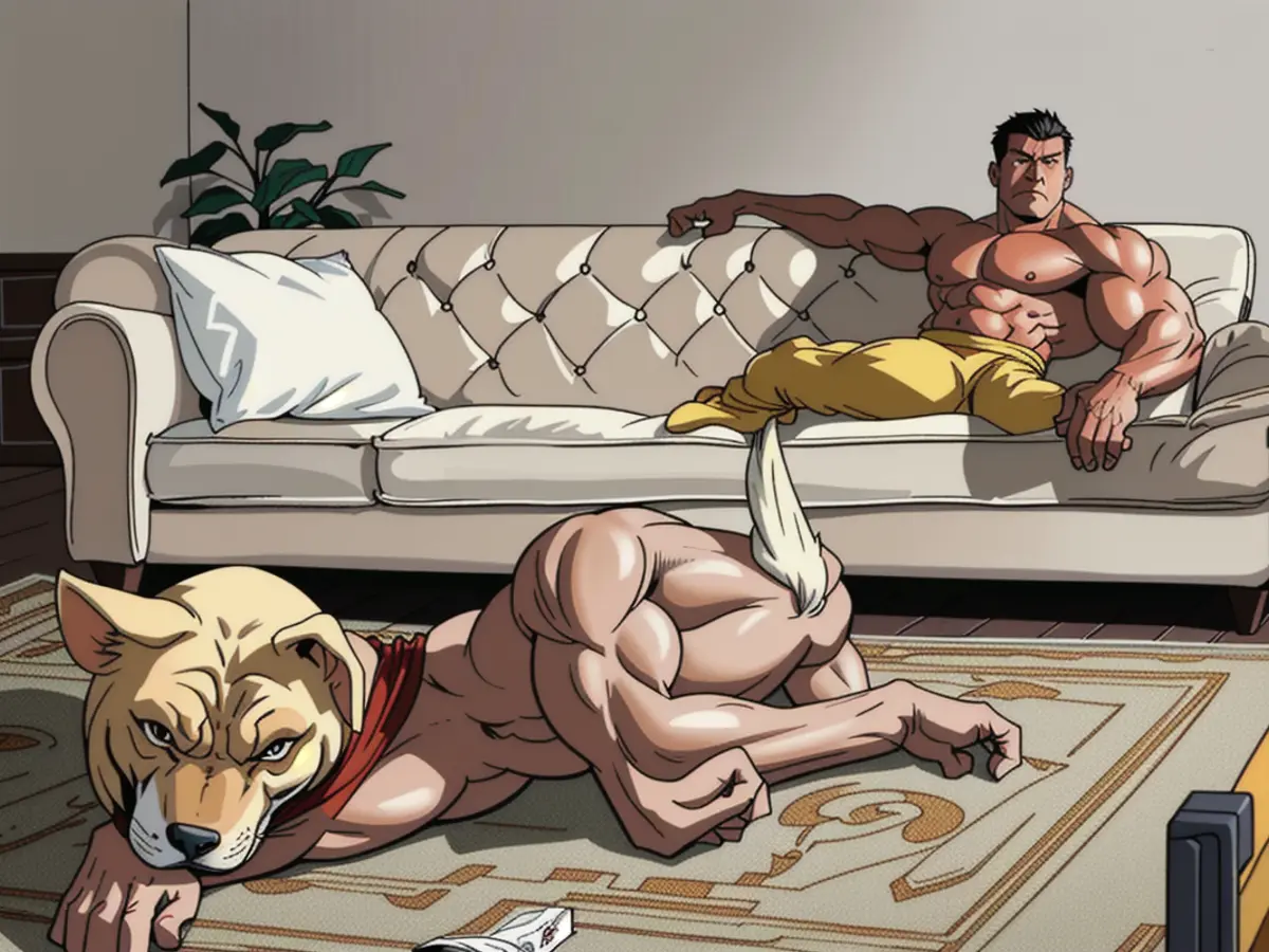 Gigantic, Luxurious Light Beige Velvet Couch Embellished with Multiple Pillows and a Dog Perched On Top, Alongside Ottomans Large, lustrous beige velvet sofa adorned with numerous cushions and canine occupant, complete with matching ottomans.