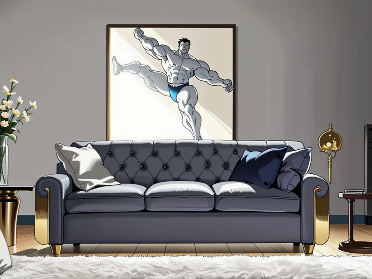 Contemporary round, grey sofa with a gold foundation. Contemporary grey round sofa featuring a gold base