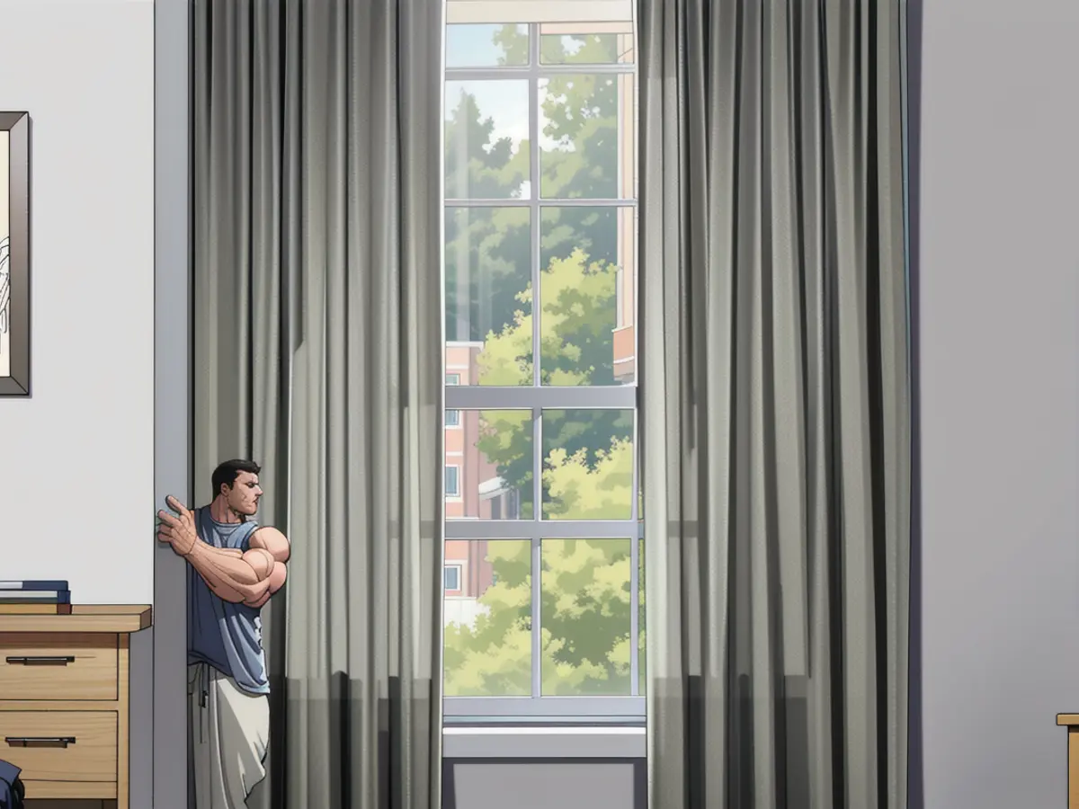 Dusty grey curtain hanging from window frame Draped grey curtain hanging on a windowpane