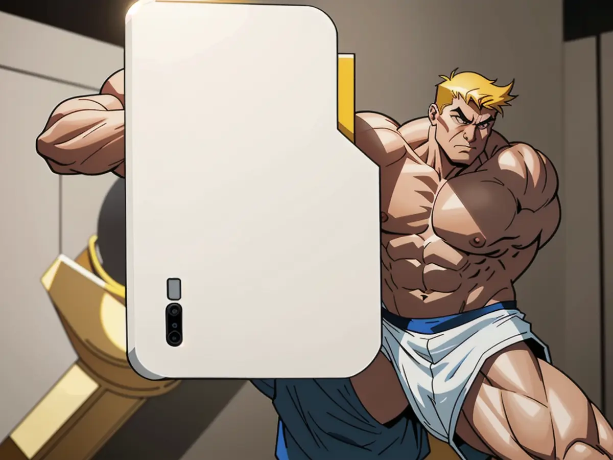 A reviewer, brandishing a white charger akin to a mobile phone's dimensions, discusses its features. Charger of white hue, comparable to a mobile phone in dimensions, subject of assessment by a reviewer