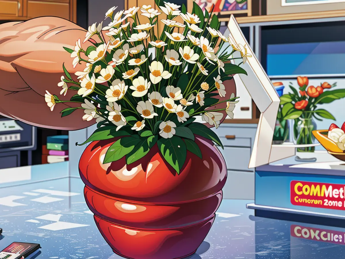 Over-sized vase form resembling a strawberry brimming with blossoms Spacious strawberry-shaped container overflowing with blossoms